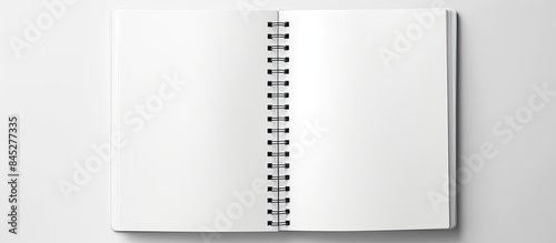 Obraz na płótnie Top view of a blank spiral sketchbook with an empty open page captured in a real photo The white background allows for text placement and there is ample copy space This black and white panoramic mini w salonie