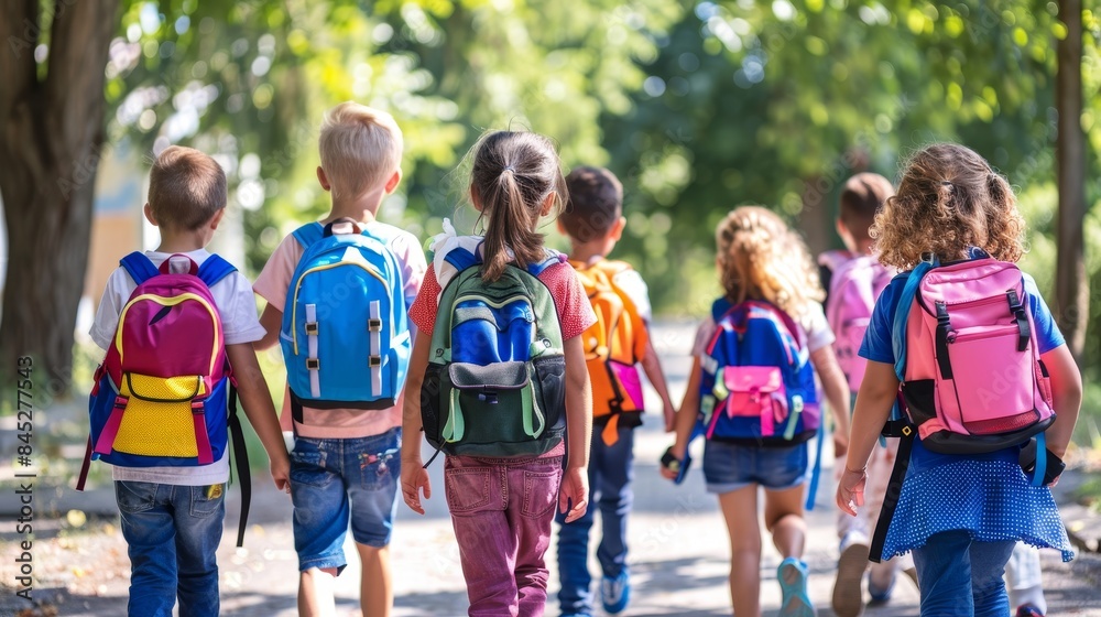 back to school, elementary school students with backpacks on their backs walking down the street back to school, elementary school students with backpacks on their backs walking down the street
