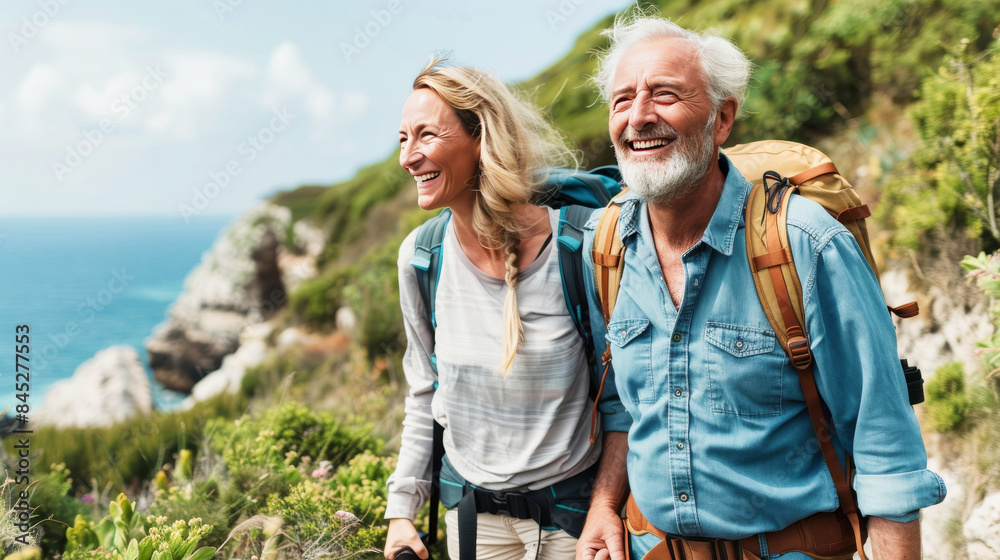 A happy middle aged couple hiking on a coastal path A happy middle aged couple hiking on a coastal path
