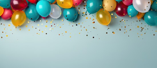A festive flat lay style background featuring vibrant balloons presents and confetti Perfect for birthday or party greetings with room for a personalized message Copy space image