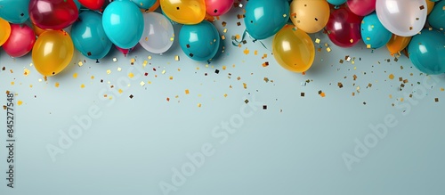 A festive flat lay style background featuring vibrant balloons presents and confetti Perfect for birthday or party greetings with room for a personalized message Copy space image