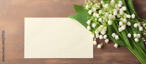 Top view of a vintage card placed on a table alongside a bouquet of lily of the valley A blank paper sheet creates empty space for text in this copy space image