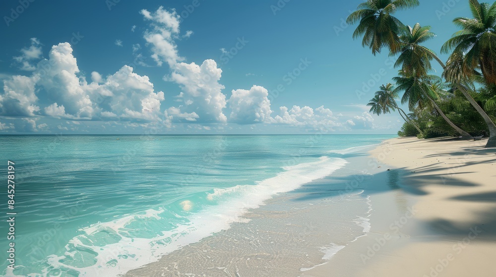 Fototapeta premium A peaceful, secluded beach with crystal clear waters and palm trees gently swaying in the breeze, offering a serene and tranquil escape from the hustle and bustle of everyday life.