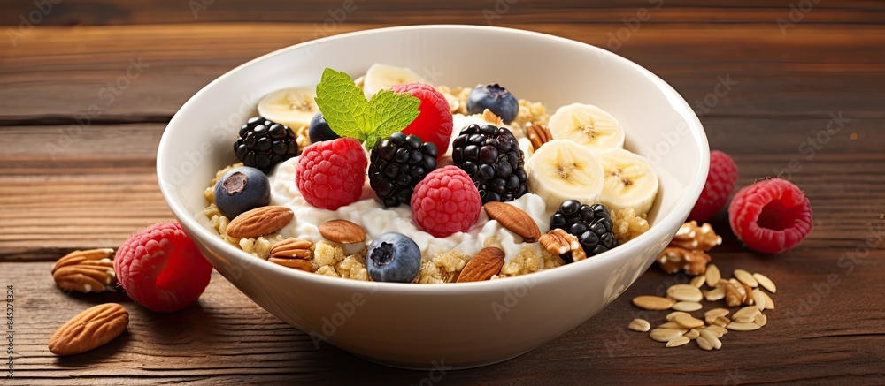 A flavorful and nutritious breakfast option featuring whole oats granola and dried fruit This healthy meal promotes clean eating and offers ample space for text or captions in images