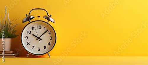 A yellow background showcases a wall clock alongside a time card displaying crucial details such as attendance clocking out overtime name year month and subtotal. Creative banner. Copyspace image