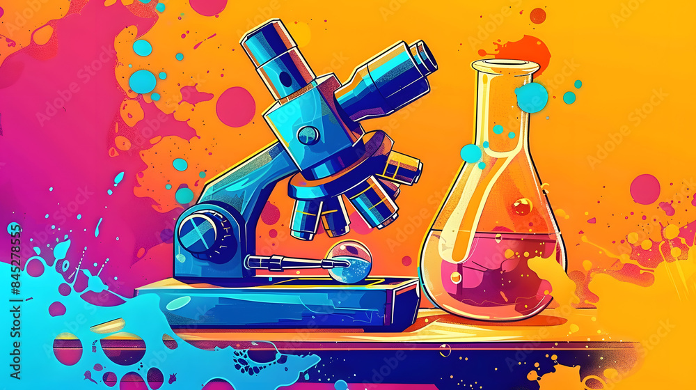 Illustration of a vibrant cartoon laboratory microscope icon in a comic ...