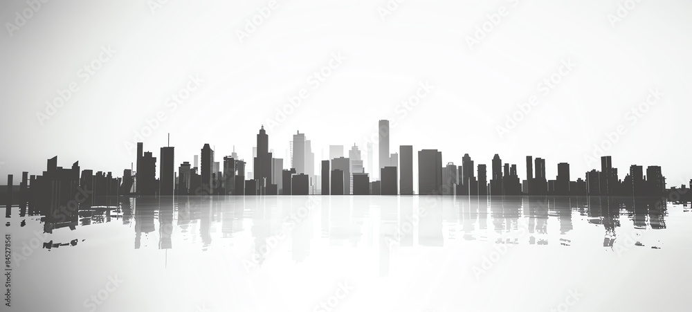 Clean Horizon, Simplified horizon of a city skyline in a black and white minimalist design.