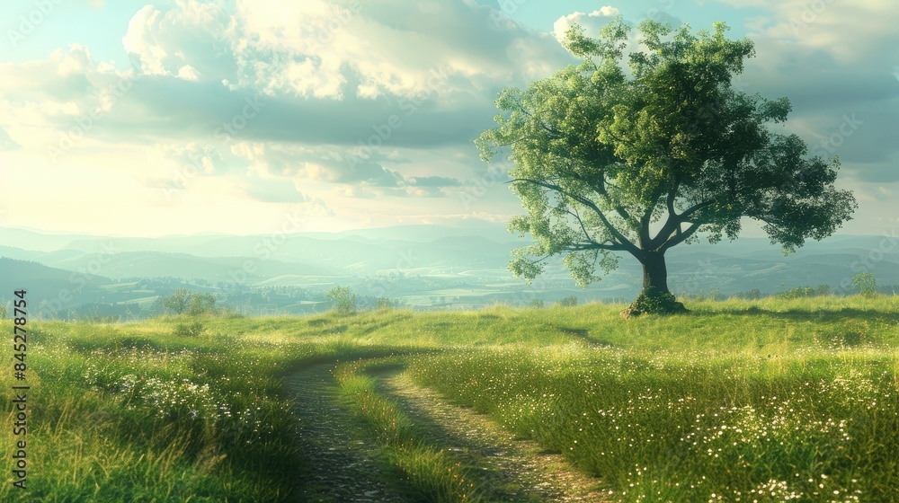 Old tree crossing grassy field with a stunning view explore and discover