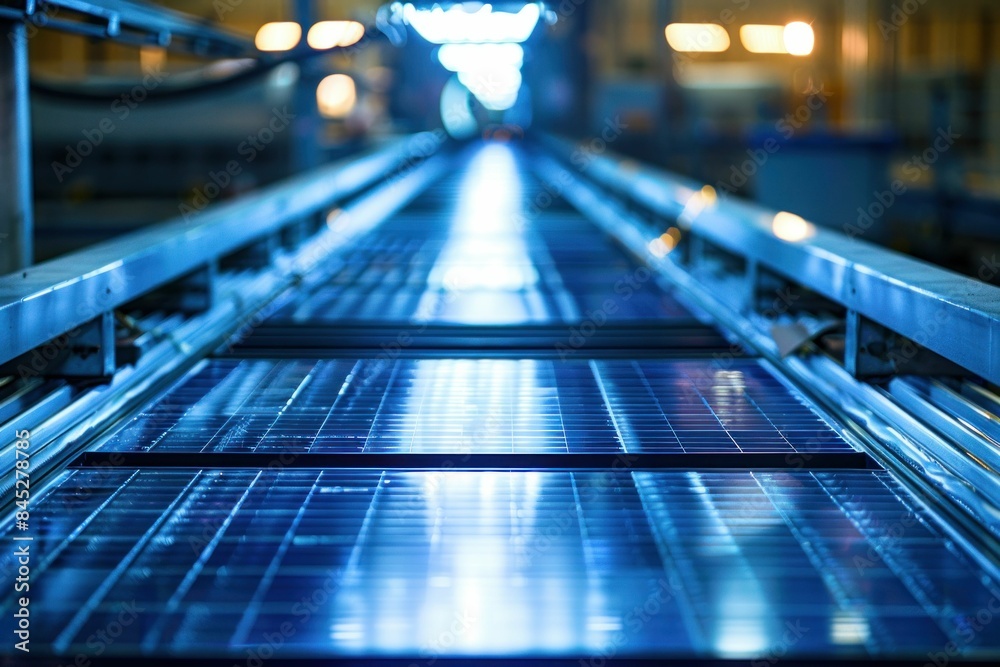 Solar panel assembly line in an industrial factory area with conveyor belt and machinery Solar panel assembly line in an industrial factory area with conveyor belt and machinery