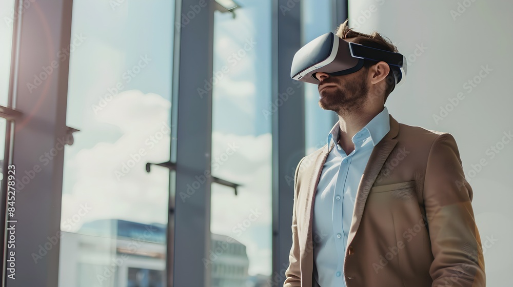 Entrepreneur wearing virtual reality glasses Multimedia combination Entrepreneur wearing virtual reality glasses Multimedia combination