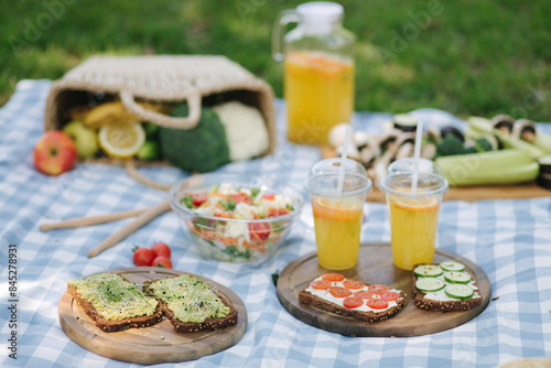 Photo of healthy outdoor picnic. Fresh vegan food and drinks on blue checkered blanket in park.