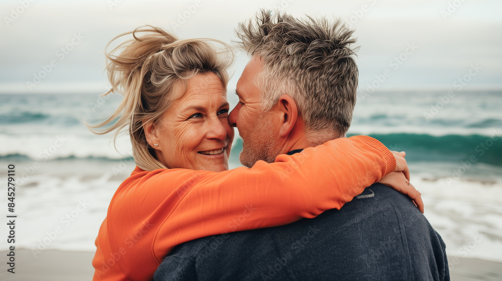 A mature couple embraces on a sandy beach, their faces reflecting genuine joy and affection. The woman has her arms wrapped around her partner, and they look towards the horizon A mature couple embraces on a sandy beach, their faces reflecting genuine joy and affection. The woman has her arms wrapped around her partner, and they look towards the horizon