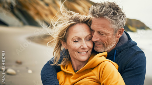 A man and woman embrace on a beach, with the wind blowing through her hair. They are looking at each other with love and affection