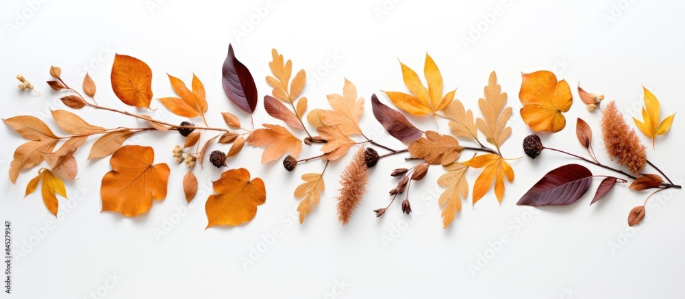 A fall themed arrangement of dried leaves on a clear white background depicting the essence of autumn Halloween and Thanksgiving The image is presented from a flat lay top view perspective with ample
