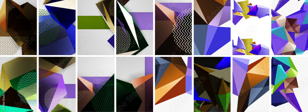 Set of low poly triangles poster geometric backgrounds. Vector Illustration For Wallpaper, Banner, Background, Card, Book Illustration, landing page Set of low poly triangles poster geometric backgrounds. Vector Illustration For Wallpaper, Banner, Background, Card, Book Illustration, landing page