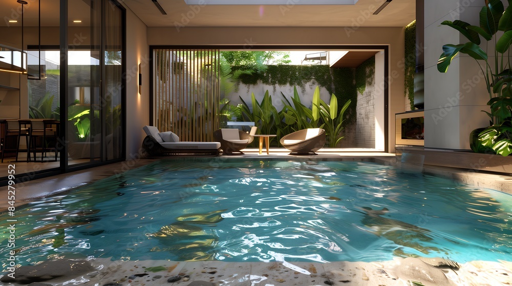 Obraz premium An inviting lawn area equipped with a modern TV setup, surrounded by comfortable seating and ambient lighting 