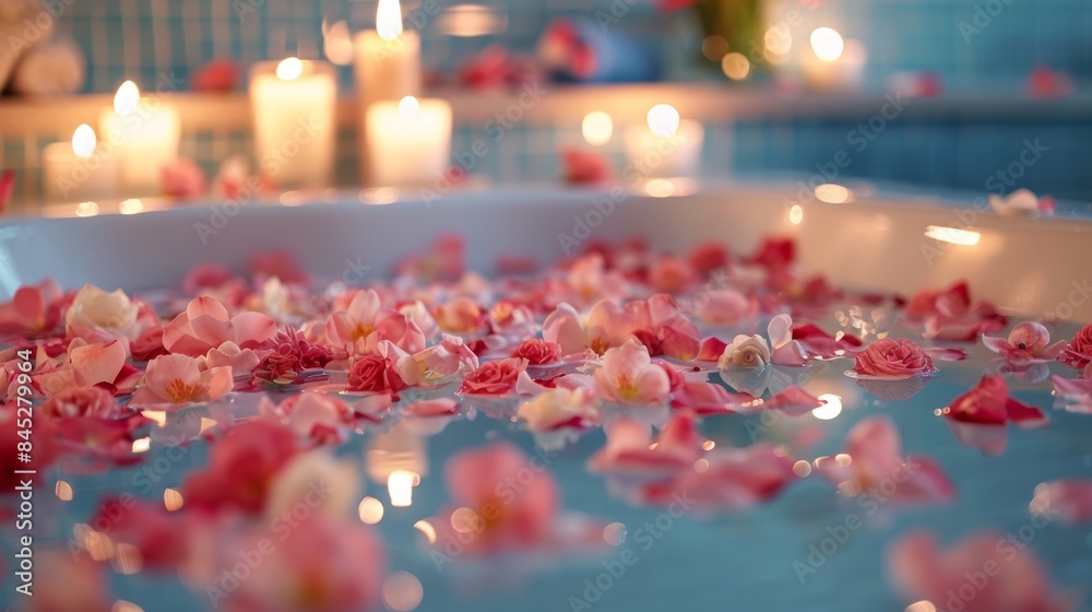 A serene image of a spa bath filled with flower petals and surrounded by candles, inviting viewers to imagine themselves in a luxurious spa setting, ready to relax and pamper thems