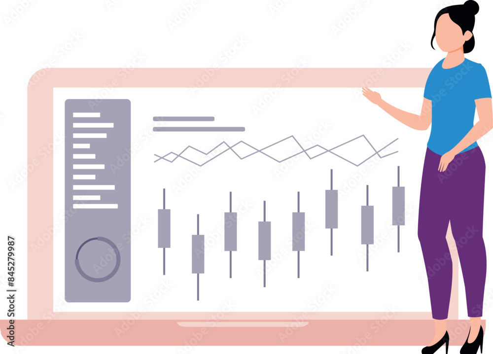 A girl is pointing at a candlestick graph. A girl is pointing at a candlestick graph.