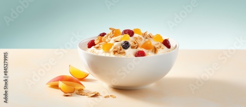 A flavorful and nutritious breakfast option featuring whole oats granola and dried fruit This healthy meal promotes clean eating and offers ample space for text or captions in images
