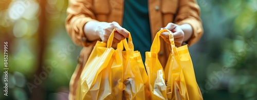 A close-up of hands holding reusable bags for Plastic Free Day, emphasizing sustainability and eco-friendliness, with copy space photo