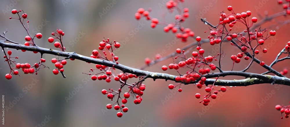 Autumn forest closeup with a branch of hawthorn covered in thorns and vibrant red berries Perfect for forest wallpapers screensavers and posters Copy space image available Autumn forest closeup with a branch of hawthorn covered in thorns and vibrant red berries Perfect for forest wallpapers screensavers and posters Copy space image available