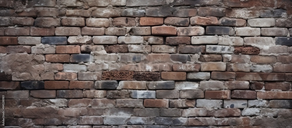 Fototapeta premium An aged brick wall creates a captivating backdrop with its delicate blend of gray and brown hues The image offers ample copy space for various purposes