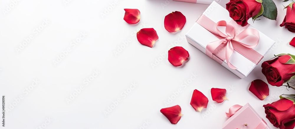 A flat lay composition features a pristine white background adorned with a blank canvas vibrant roses and gift boxes It serves as a mockup for design offering ample copy space A flat lay composition features a pristine white background adorned with a blank canvas vibrant roses and gift boxes It serves as a mockup for design offering ample copy space