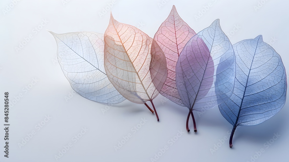 Obraz premium Leaves of different delicate colors isolated on a white background. Leaf structure, macro.