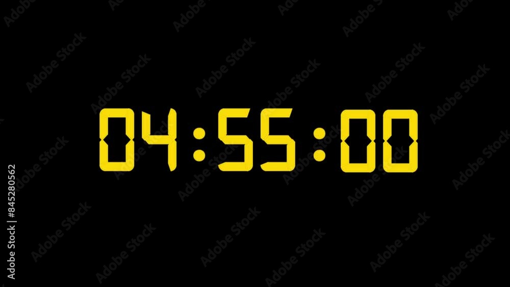 5 minutes countdown yellow digital clock animation with fast milliseconds 