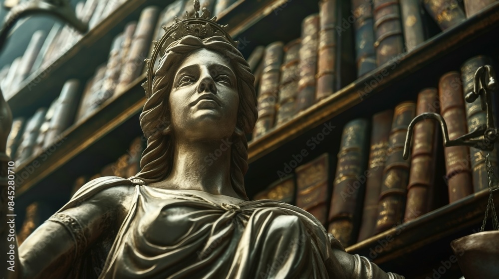 Close-up of a Lady Justice statue in a library with old books filling the background, highlighting legal themes. Close-up of a Lady Justice statue in a library with old books filling the background, highlighting legal themes.