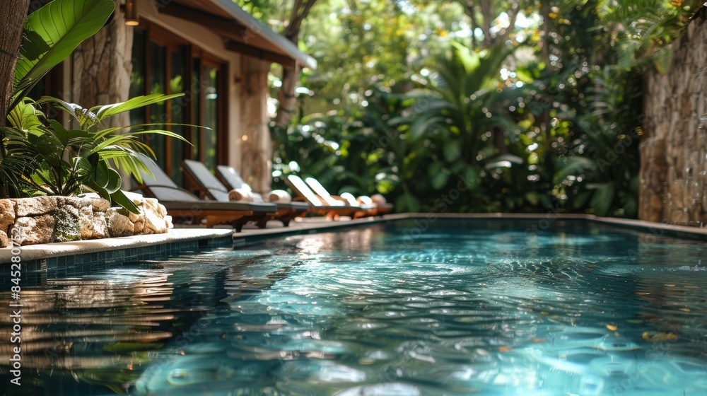 A serene spa pool with crystal clear water, surrounded by lush greenery and comfortable lounge chairs, providing a peaceful retreat for relaxation and unwinding. A serene spa pool with crystal clear water, surrounded by lush greenery and comfortable lounge chairs, providing a peaceful retreat for relaxation and unwinding.