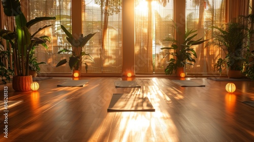 A serene yoga studio with soft lighting  bamboo flooring  and panoramic windows overlooking a lush garden  creating a peaceful environment for practicing mindfulness and relaxation