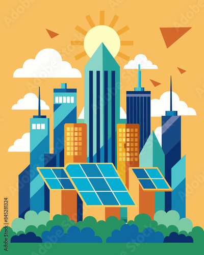 The city skyline is transformed by the addition of solar panels on skyscrapers a symbol of progress towards a more sustainable future.. Vector illustration