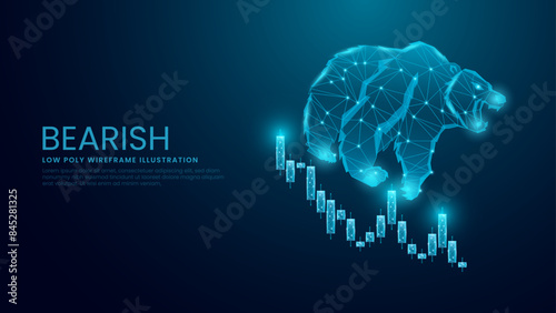 Japanese candlestick and Bearish Market Concept. Digital Bear Low Poly Wireframe Vector Illustration on Technological Blue Background Showing Stock Market Crash or Downfall
