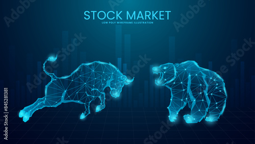 Bullish vs Bearish Concept. Digital Bull vs Bear Low Poly Wireframe Vector Illustration on Technological Blue Background for Stock Market, Forex and Crypto.