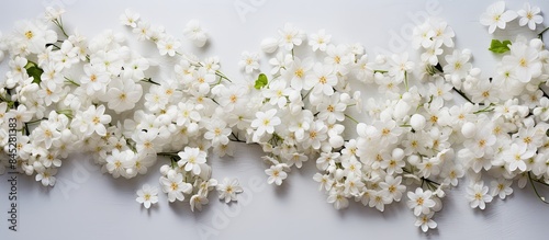 A flat lay photograph of a border made up of dainty white flowers captured from an aerial perspective This enticing image offers ample copy space for text © HN Works