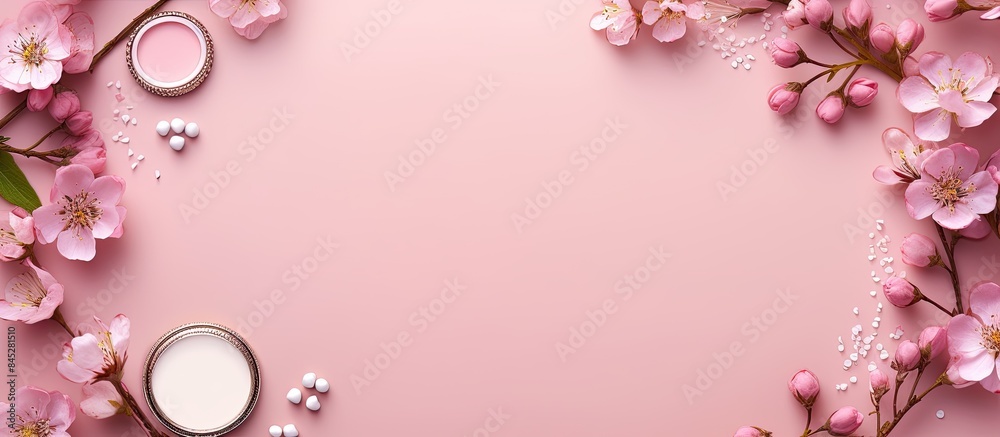 Pink decorative cosmetics frame with lipstick eyeshadow and small rose flowers arranged on a pink background providing a captivating top view copy space image Pink decorative cosmetics frame with lipstick eyeshadow and small rose flowers arranged on a pink background providing a captivating top view copy space image