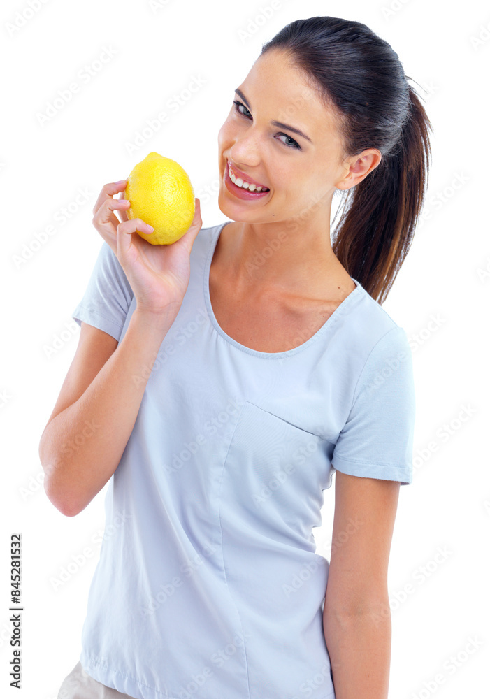 Woman, lemon and portrait for cleanse, healthy and fresh for diet and vitamin. Model, nurse or dietician and smile with fruit for showing, detox and citrus for antioxidant on white background Woman, lemon and portrait for cleanse, healthy and fresh for diet and vitamin. Model, nurse or dietician and smile with fruit for showing, detox and citrus for antioxidant on white background