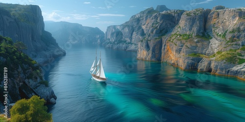 Tranquil Fjord Panorama: Cliffs, Serene Waters, Sailboat Passing