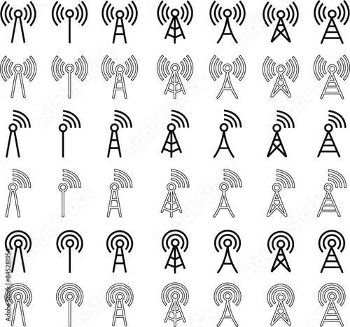 Set of Wireless cellular, cell signal, radio network antenna flat art icons editable stock. Tower designs. Telecommunication data network sign. Transmitter receiver isolated on transparent background.