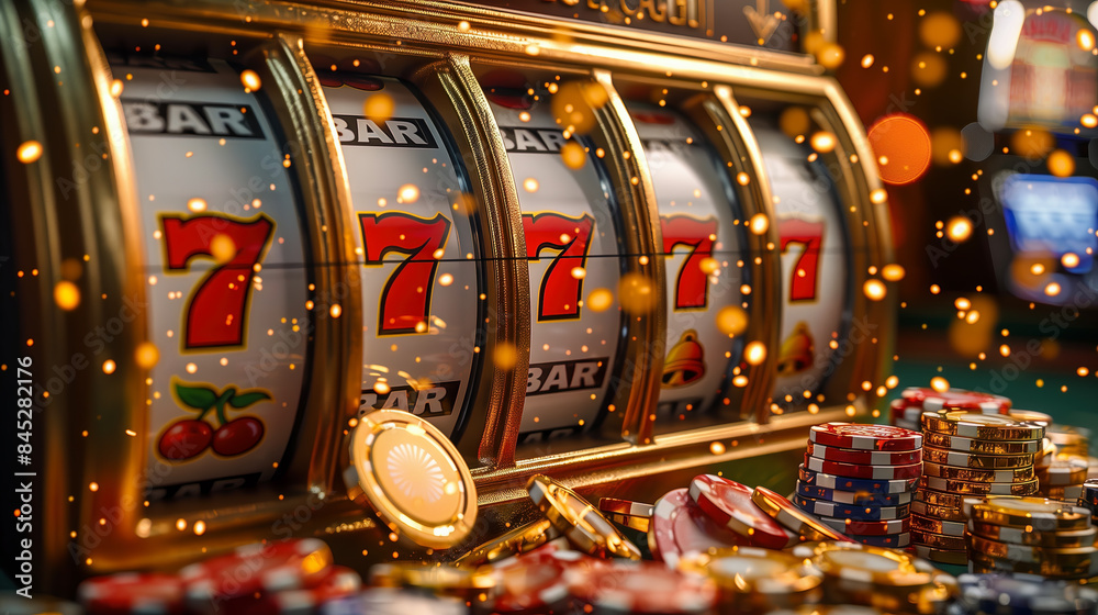 Golden slot machine with three sevens 777 on the reels, falling gold coins, casino chips, winning, luxurious, confetti, casino, gambling concept
Golden slot machine with three sevens 777 on the reels, falling gold coins, casino chips, winning, luxurious, confetti, casino, gambling concept
