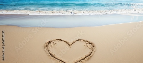 A heart shaped drawing etched on a sandy beach with a serene ocean in the background and a top down perspective offering ample space for accompanying text