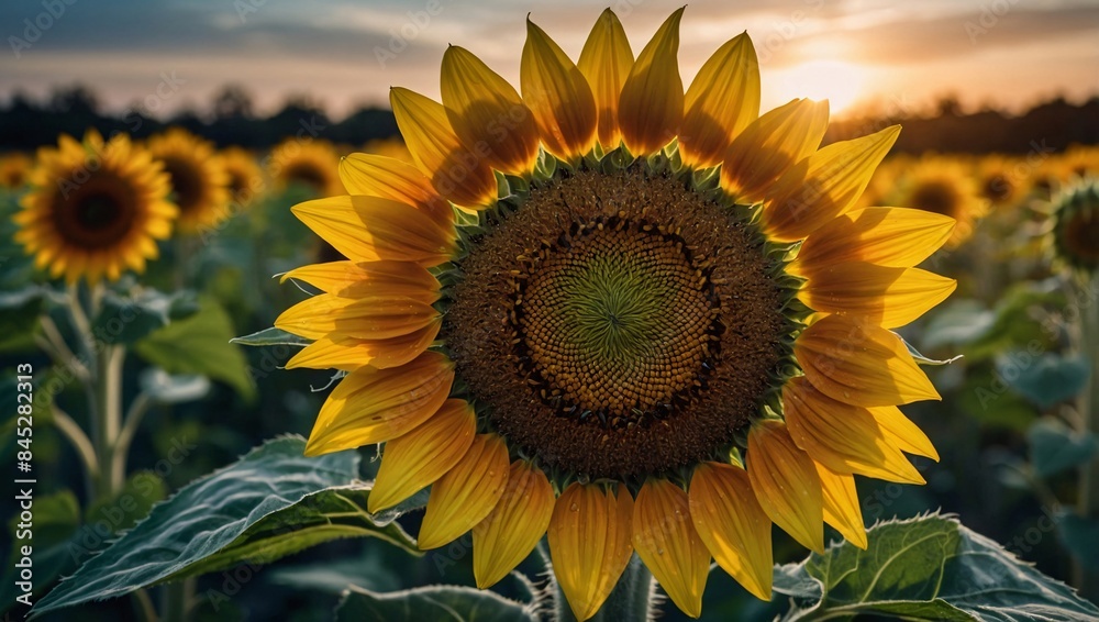 Obraz premium Close up photo of sunflowers in the middle of a flower garden under warm sunlight