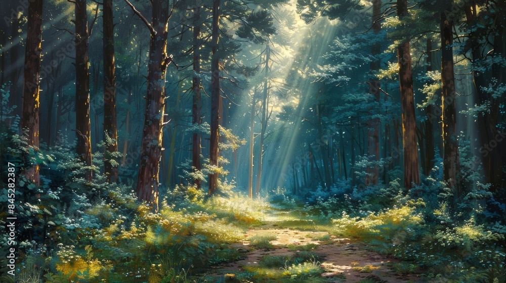 Fototapeta premium A tranquil forest scene with sunlight filtering through the trees, casting dappled shadows on the forest floor and creating a serene and rejuvenating environment for contemplation
