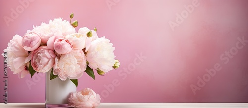 A beautiful bouquet of pink peonies and roses rests in a vase elegantly displayed against a soft pink backdrop The concept showcases a card with pastel colors leaving ample space for text or other el