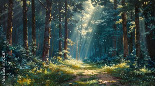 A tranquil forest scene with sunlight filtering through the trees  casting dappled shadows on the forest floor and creating a serene and rejuvenating environment for contemplation