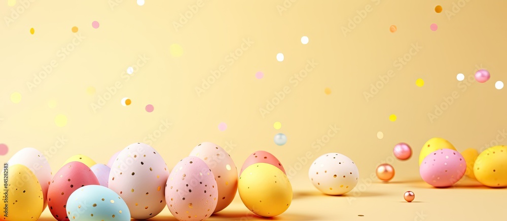 A joyful Easter themed background with colorful painted eggs on a modern yellow pastel backdrop This festive image includes space for text and captures the concept of happy Easter holidays and egg hu A joyful Easter themed background with colorful painted eggs on a modern yellow pastel backdrop This festive image includes space for text and captures the concept of happy Easter holidays and egg hu