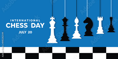 International Chess Day. Great for cards, banners, posters, social media and more. Blue background. 