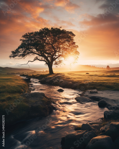 A serene landscape at sunset with a tree and a flowing stream amidst fields, capturing the beauty of nature.