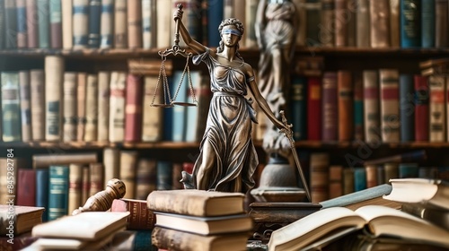 A statue of Lady Justice holding scales and a sword, surrounded by law books and a gavel, against a background of a large bookshelf in a legal library.
